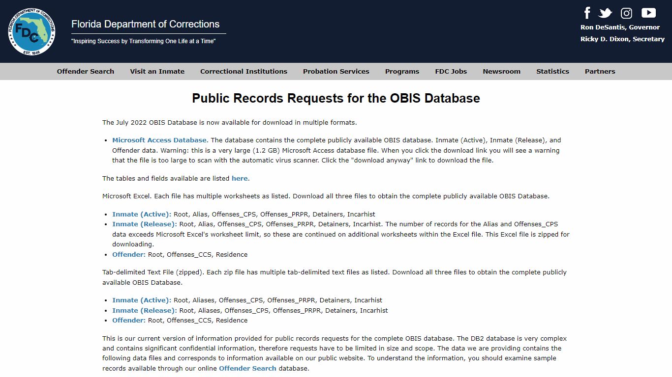 Florida Department of Corrections - OBIS Public Records Requests